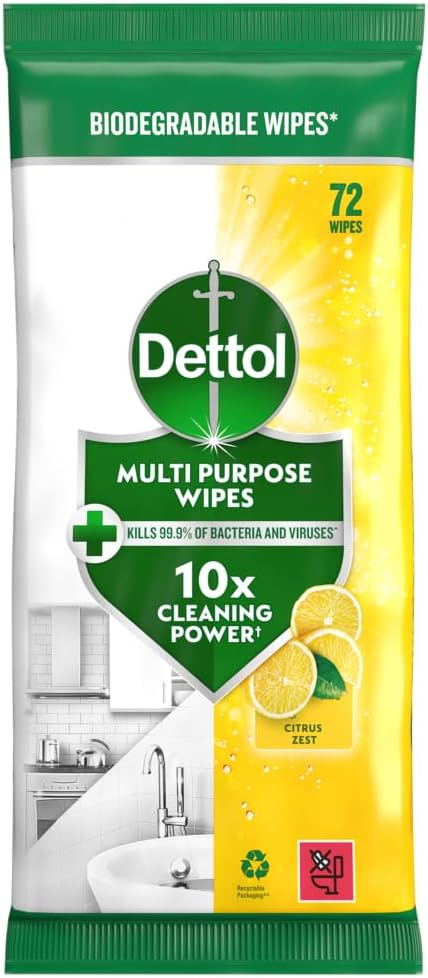 Dettol Antibacterial Multipurpose Cleaning Wipes, Citrus Zest, 70 pack (6 x 70, Total 420 Wipes) Disinfectant, Biodegradable, 10x Cleaning power vs Water alone, Kills 99.9 Percent of Germs