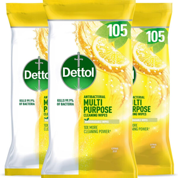 Dettol Antibacterial Multipurpose Cleaning Wipes, Citrus Zest Fragrance, Multipack of 3 x 105 Wipes, Total 315 Wipes