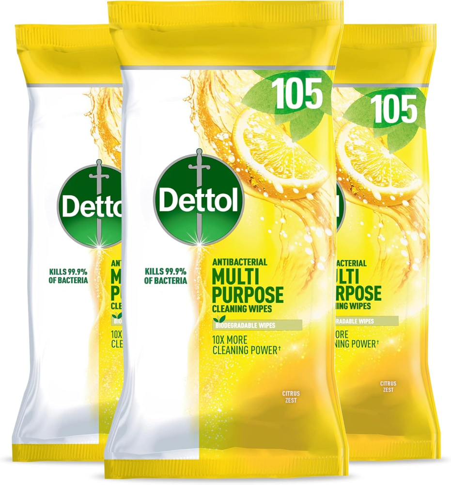 Dettol Antibacterial Multipurpose Cleaning Wipes, Citrus Zest Fragrance, Multipack of 3 x 105 Wipes, Total 315 Wipes