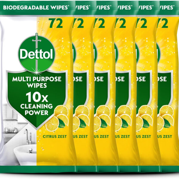 Dettol Antibacterial Multipurpose Cleaning Wipes, Citrus Zest, 70 pack (6 x 72, Total 432 Wipes) Disinfectant, Biodegradable, 10x Cleaning power vs Water alone, Kills 99.9 Percent of Germs