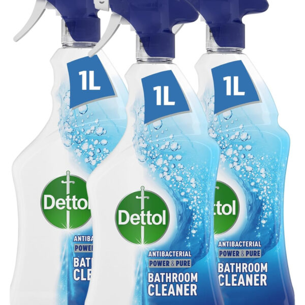Dettol Bathroom Cleaner Spray, Multipack of 3 X 1L, Total of 3L, Antibacterial Bathroom Spray, Shower Screen Cleaner, Limescale Remover, Disinfectant, Household Cleaners