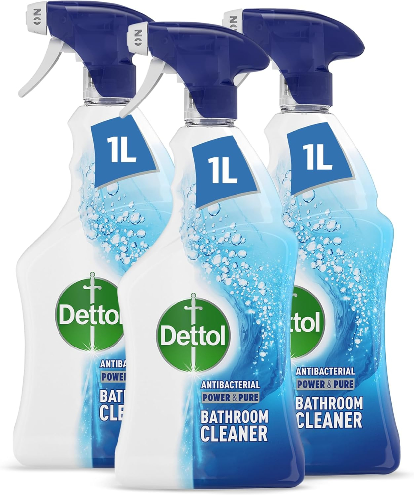 Dettol Bathroom Cleaner Spray, Multipack of 3 X 1L, Total of 3L, Antibacterial Bathroom Spray, Shower Screen Cleaner, Limescale Remover, Disinfectant, Household Cleaners