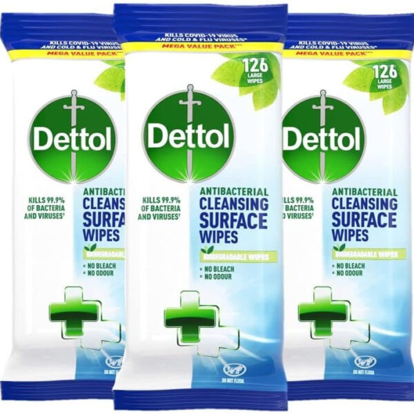 Dettol Antibacterial Disinfectant Surface Cleaning Wipes, 126 Count, Pack Of 3 - Perfect Addition To First Aid Kits, Hygienic And Convenient For Home Or Office Use