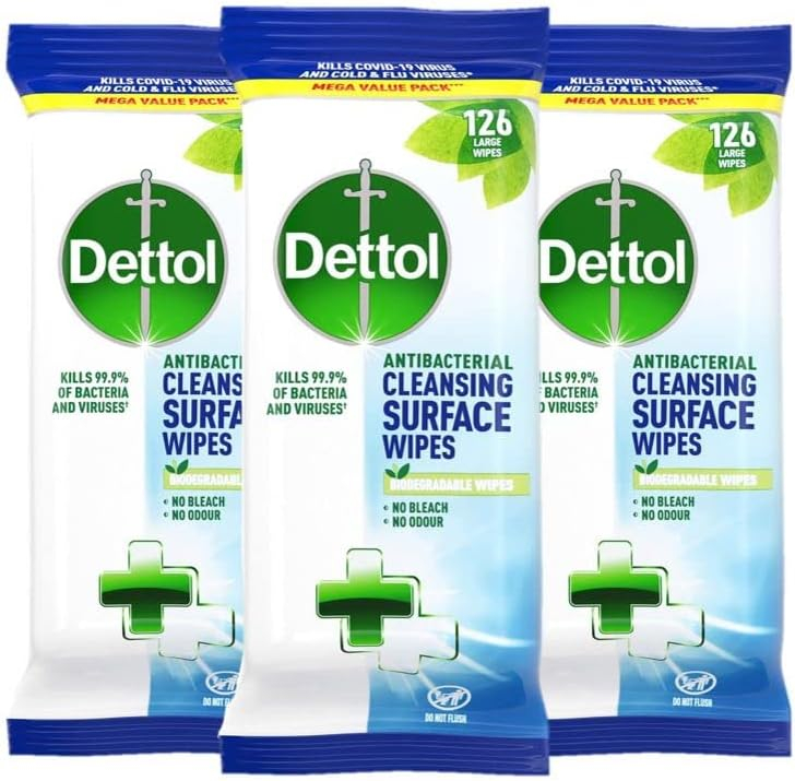 Dettol Antibacterial Disinfectant Surface Cleaning Wipes, 126 Count, Pack Of 3 - Perfect Addition To First Aid Kits, Hygienic And Convenient For Home Or Office Use