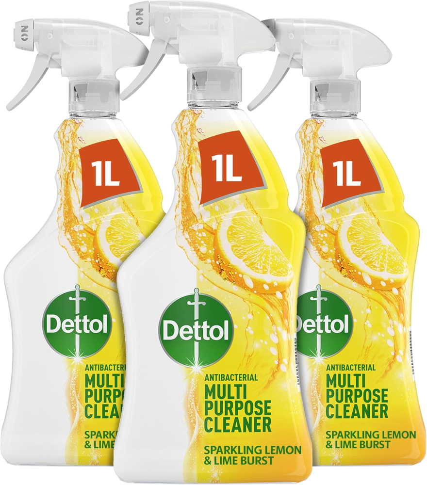 Dettol Cleaning Spray, Lemon and Lime, Multipack Of 3 X 1L, Total 3L, Disinfectant Spray, Antibacterial Spray, Bathroom Cleaner, Surface Cleaner Spray, Kills 99.99% Of Germs, Household Cleaners