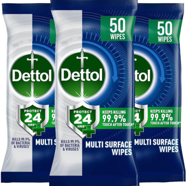 Dettol Protect 24, Multi-surface Antibacterial Disinfectant Wipes, Ocean Fresh, Pack of 50 Wipes x 3