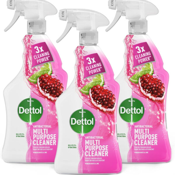 Dettol Antibacterial Multipurpose Cleaning Spray | Removes Grease & Burnt On Food, Pomegranate Scent, 1 Litre (Pack of 3)
