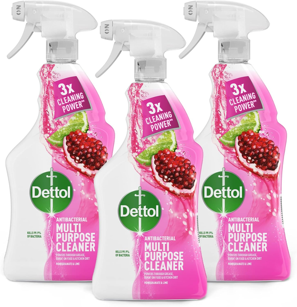 Dettol Antibacterial Multipurpose Cleaning Spray | Removes Grease & Burnt On Food, Pomegranate Scent, 1 Litre (Pack of 3)