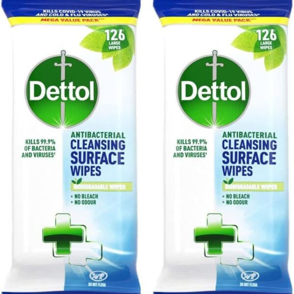Dettol Antibacterial Disinfectant Surface Cleaning Wipes, 126 Count, Pack of 2 - Ideal for First Aid Kit and Workplace Hygiene