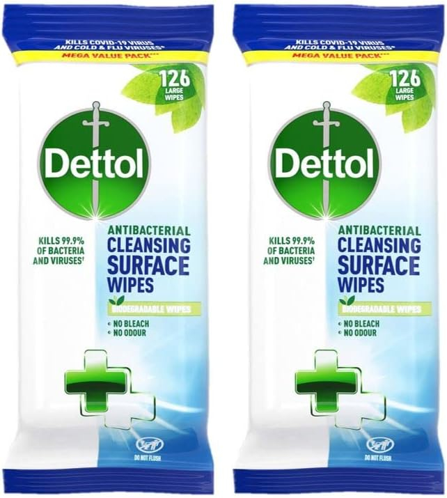 Dettol Antibacterial Disinfectant Surface Cleaning Wipes, 126 Count, Pack of 2 - Ideal for First Aid Kit and Workplace Hygiene