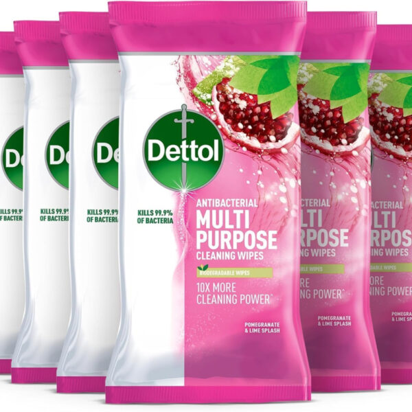 Dettol Antibacterial Multi-Surface Cleaning Wipes, Pomegranate & Lime Scent, 105 Count (Pack Of 6) - Fresh Household Disinfectant For Kitchen, Bathroom, And More