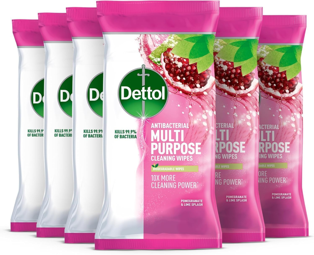 Dettol Antibacterial Multi-Surface Cleaning Wipes, Pomegranate & Lime Scent, 105 Count (Pack Of 6) - Fresh Household Disinfectant For Kitchen, Bathroom, And More
