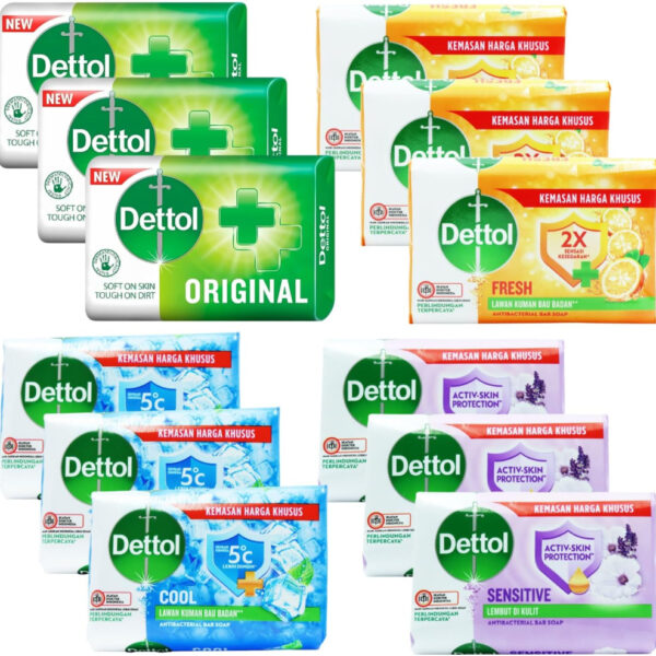 Dettol Soap Bar Bundle, 12 Bars, 100g Each, Original, Sensitive, Cool, Fresh Varieties