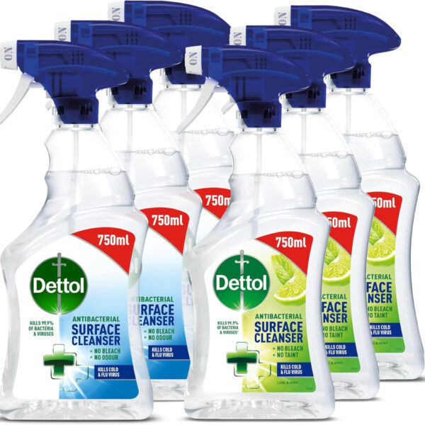 Dettol Antibacterial Disinfectant Surface Cleaner | Original + Mint and Lime Fragrance | Pack of 6 | 6 x 750ml | Total of 4.5L