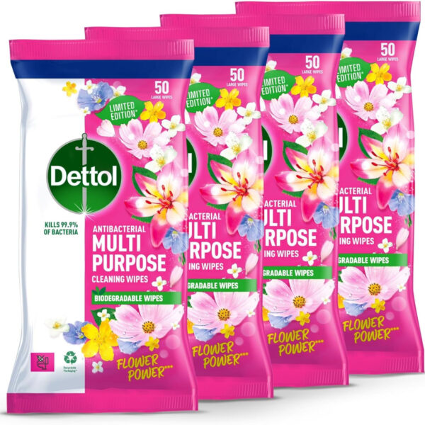 Dettol Flower Power Antibacterial Multipurpose Biodegradable Cleaning Wipes | Peony & Rose Fragrance | Limited Edition | 50s (Pack of 4)