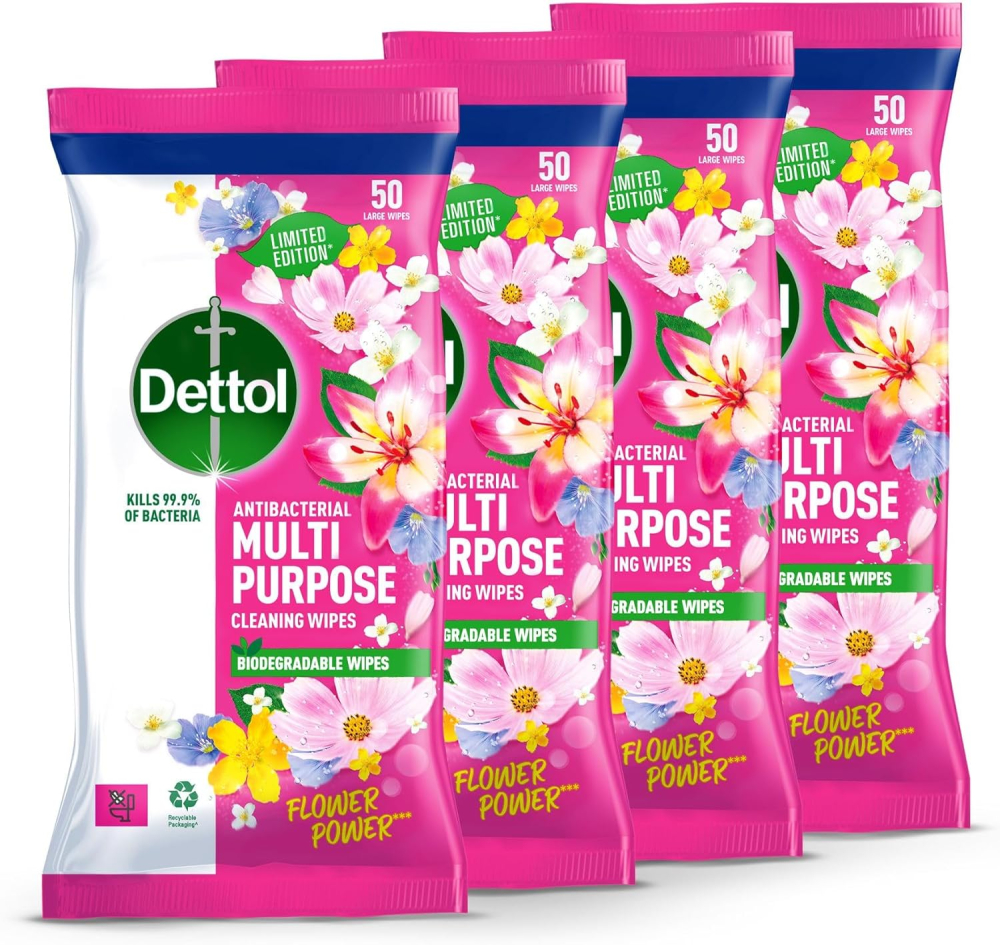 Dettol Flower Power Antibacterial Multipurpose Biodegradable Cleaning Wipes | Peony & Rose Fragrance | Limited Edition | 50s (Pack of 4)