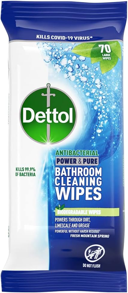Dettol Power & Pure Bathroom Cleaning Wipes, Fresh Mountain Spring, 70 Each