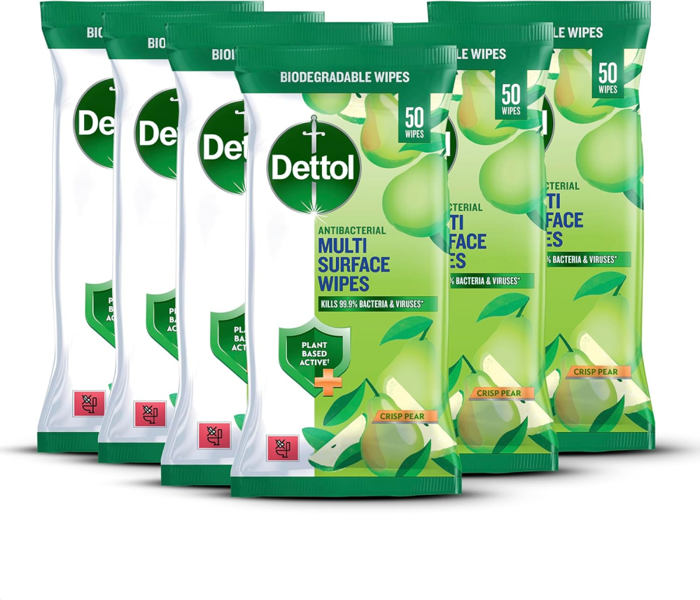 Dettol Antibacterial Multi-Surface Wipes, Plant-Based, Crisp Pear Scent, 6 X 50