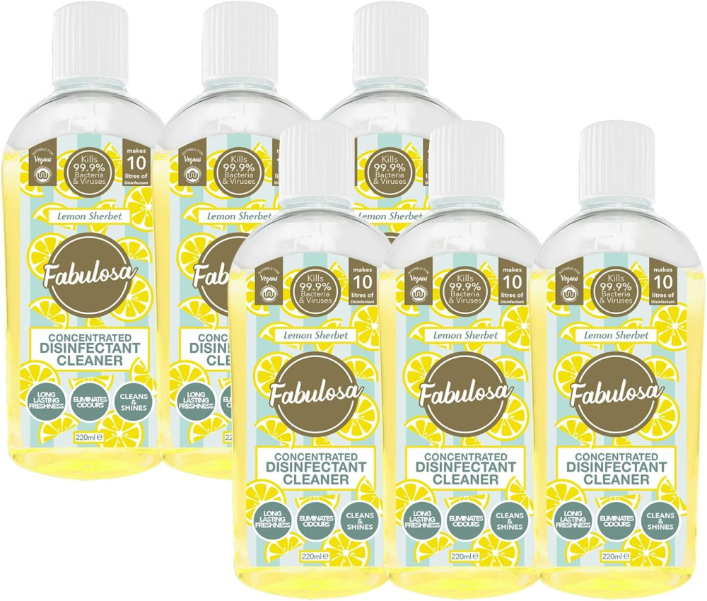 Fabulosa 4 in 1 Concentrated Antibacterial Disinfectant All Purpose Cleaner, 220ml, 6 Pack, Lemon Sherbet