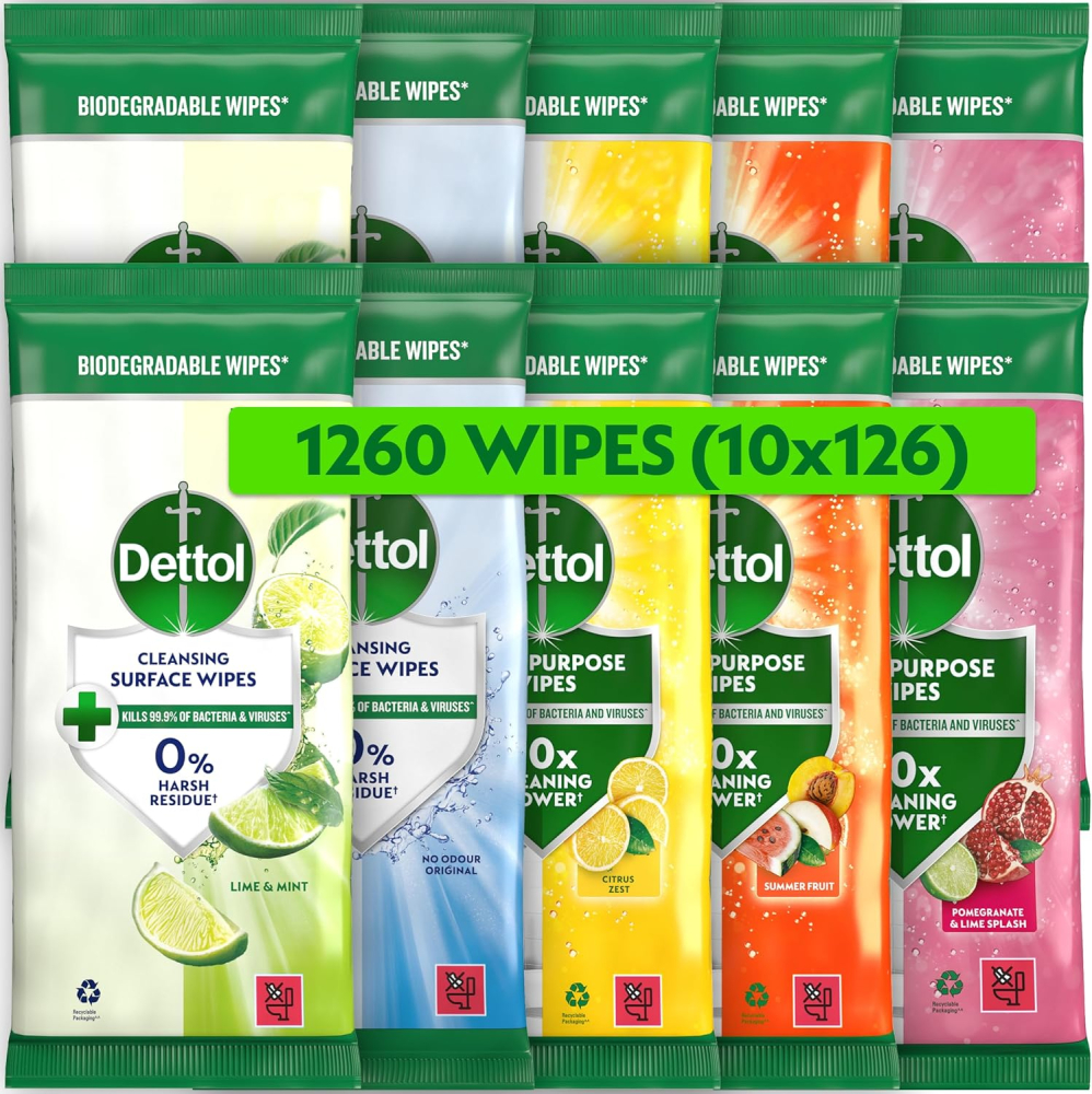 Dettol Antibacterial Cleansing Surface Wipes, Mixed Fragrance, 1260 Wipes (126 x 10pck) Large Value, Disinfectant, Home Hygiene, Biodegradable, Kills 99.9 Percent of Germs