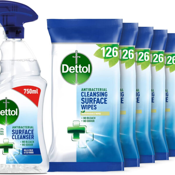 Dettol Antibacterial Bulk Surface Cleaning Spray, 750 ml, Pack of 6 (Packaging May Vary) & Wipes Antibacterial Bulk Surface Cleaning, Multipack of 6 x 126, Total 756 Wipes
