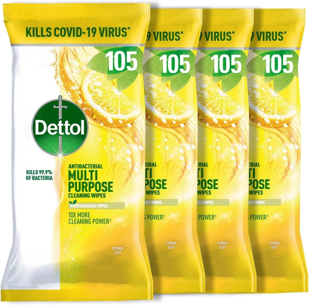 Dettol Antibacterial Multipurpose Cleaning Wipes, Citrus Zest, 105 pack (4 x 104, Total 420 Wipes) Disinfectant, Biodegradable, 10x Cleaning power vs Water alone, Kills 99.9 Percent of Germs