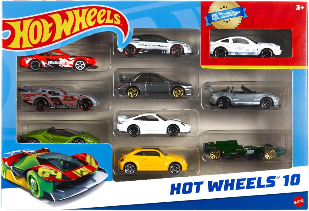 Hot Wheels Toy Cars & Trucks in 1:64 Scale (Assorted Styles, One Random Set), Set of 10, Multipack of Die-Cast Race or Police Cars, Hot Rods, Firetrucks or Vans (Styles May Vary), 54886