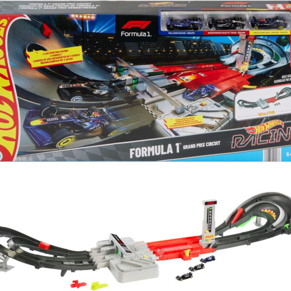 Hot Wheels Toy Car Track Set, Formula 1 Grand Prix Circuit Track Set with 3 1:64 Scale Die-Cast Toy Cars, Two Modes of Racing with a Motorized Booster, JLB13