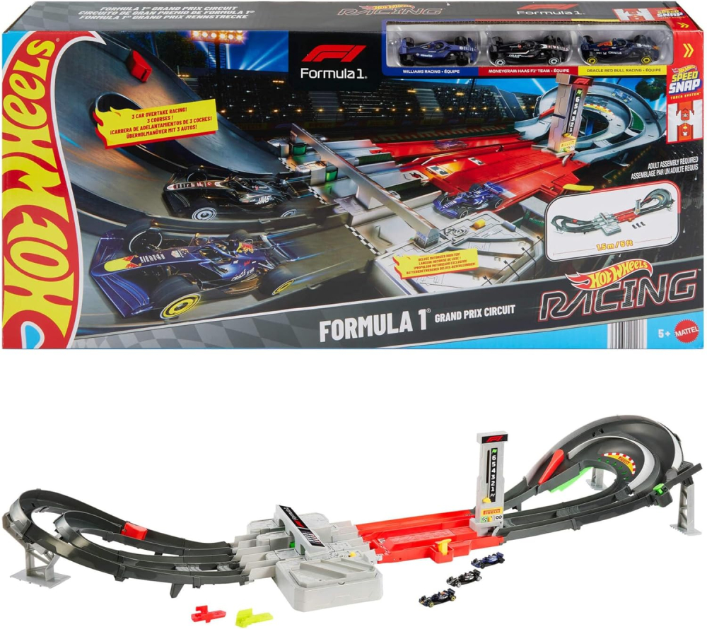Hot Wheels Toy Car Track Set, Formula 1 Grand Prix Circuit Track Set with 3 1:64 Scale Die-Cast Toy Cars, Two Modes of Racing with a Motorized Booster, JLB13