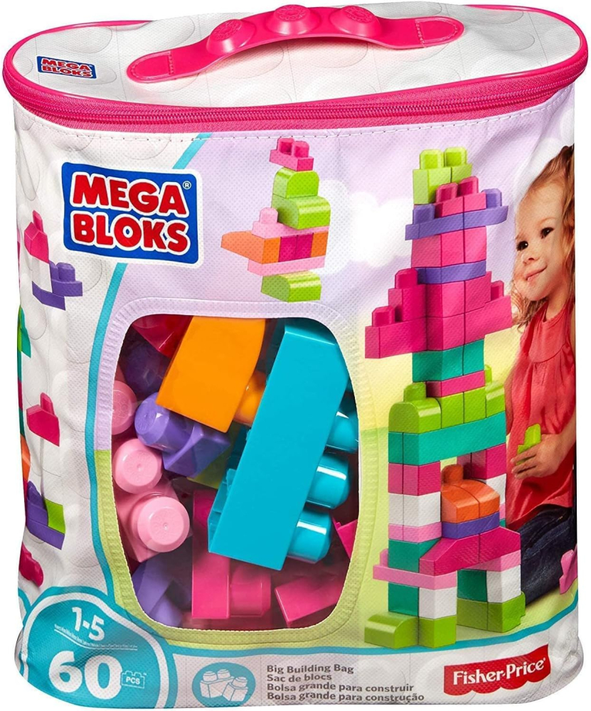 MEGA BLOKS Big Building Bag building set with 60 big and colorful building blocks, and 1 storage bag, toy gift set for ages 1 and up, DCH54