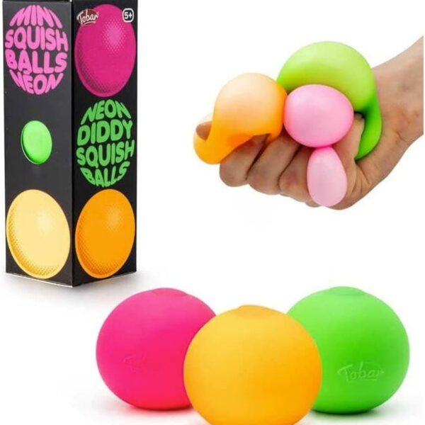 Tobar Neon Diddy Squish Ball Tactile Fidget Toys (Pack of 3), 5.4 x 5.4 x 5.4 cm
