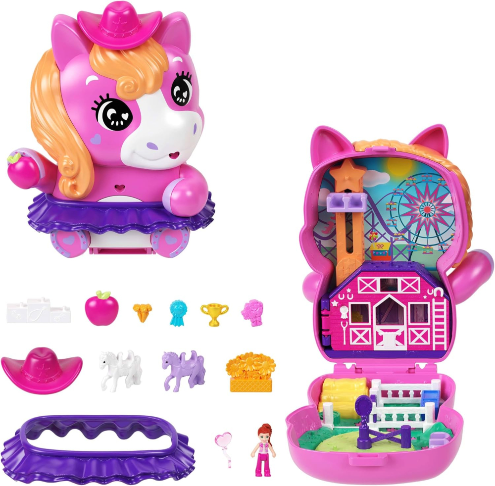 Polly Pocket Dolls and Playset, Pony Rodeo Compact, Travel Toy with 1 Micro Doll, Pet Horses, Food & Fashion Styling Accessories, JCR39