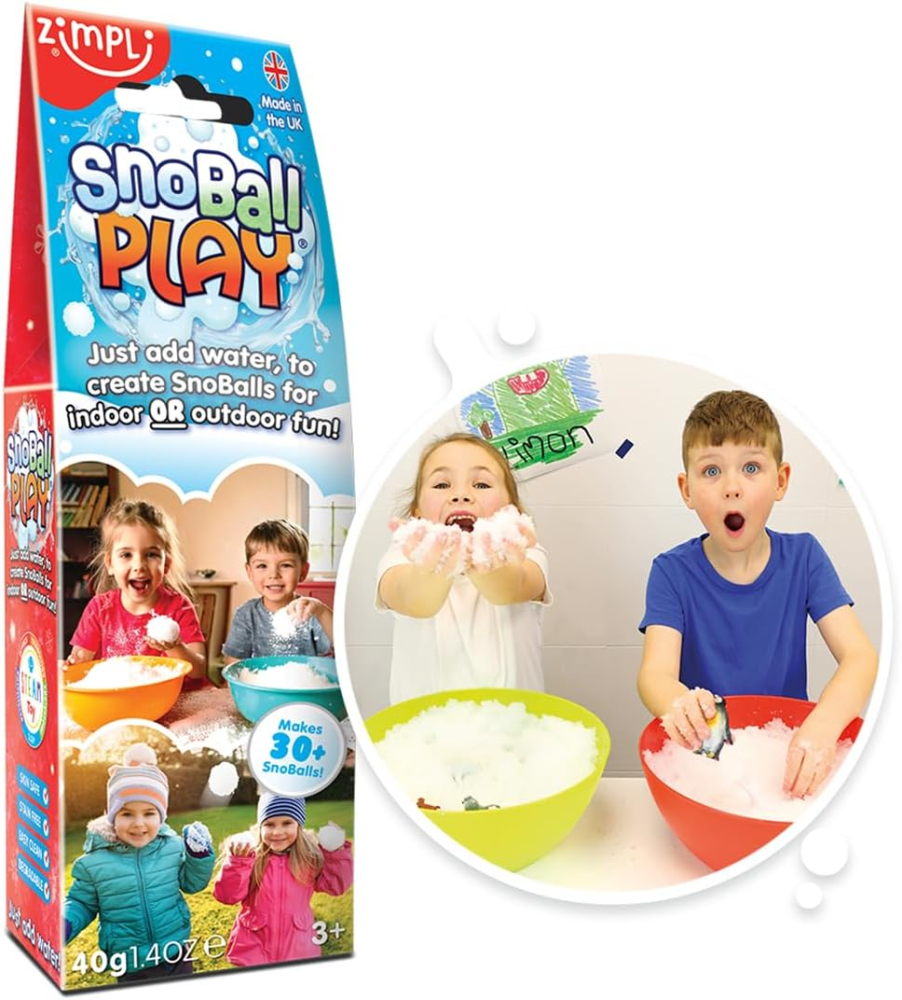 ZIMPLI - Snoball Play 2 Use, Magically turns water into Artifical Fake Instant Snow, Kids Indoor & Outdoor Toy, Stocking Filler for Boys and Girls 4 5 6 7 8 9, UK Made