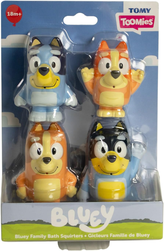 Toomies Bluey Squirter 4-Pack, Bath Toy Set With Bluey, Bingo, Mum And Dad, Water Squirting Fun For Toddlers, Designed For Little Hands, Promotes Motor Skills, Creative Play, Ages 18 Months plus