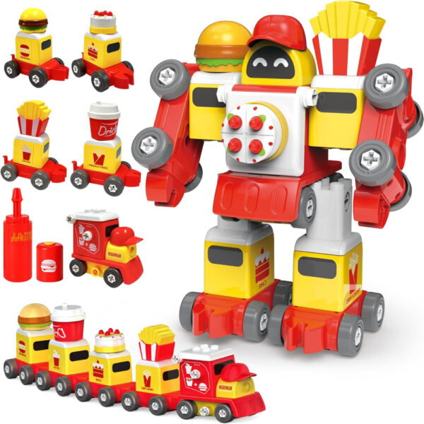 Train Toy Building Set,5 in 2 Construction Toys,Toys for 3 4 5 6 Year Old,Transporter Car Combined as Transformer Robot,Electric Drill Toy Set For 3 4 5 6 Year Old Boy Gifts