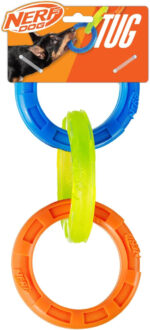 Nerf Dog 3-Ring Rubber Tug Toy, 10.5-Inch Lightweight Water-Resistant Interactive Toy for Dogs, Blue/Green/Orange