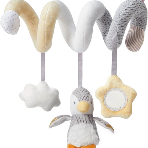 Nuby Soft Spiral Pram Toy – Interactive Wrap-Around Toy with Baby-Safe Mirror | Dangling Plush Toys | Suitable from Birth (Grey)