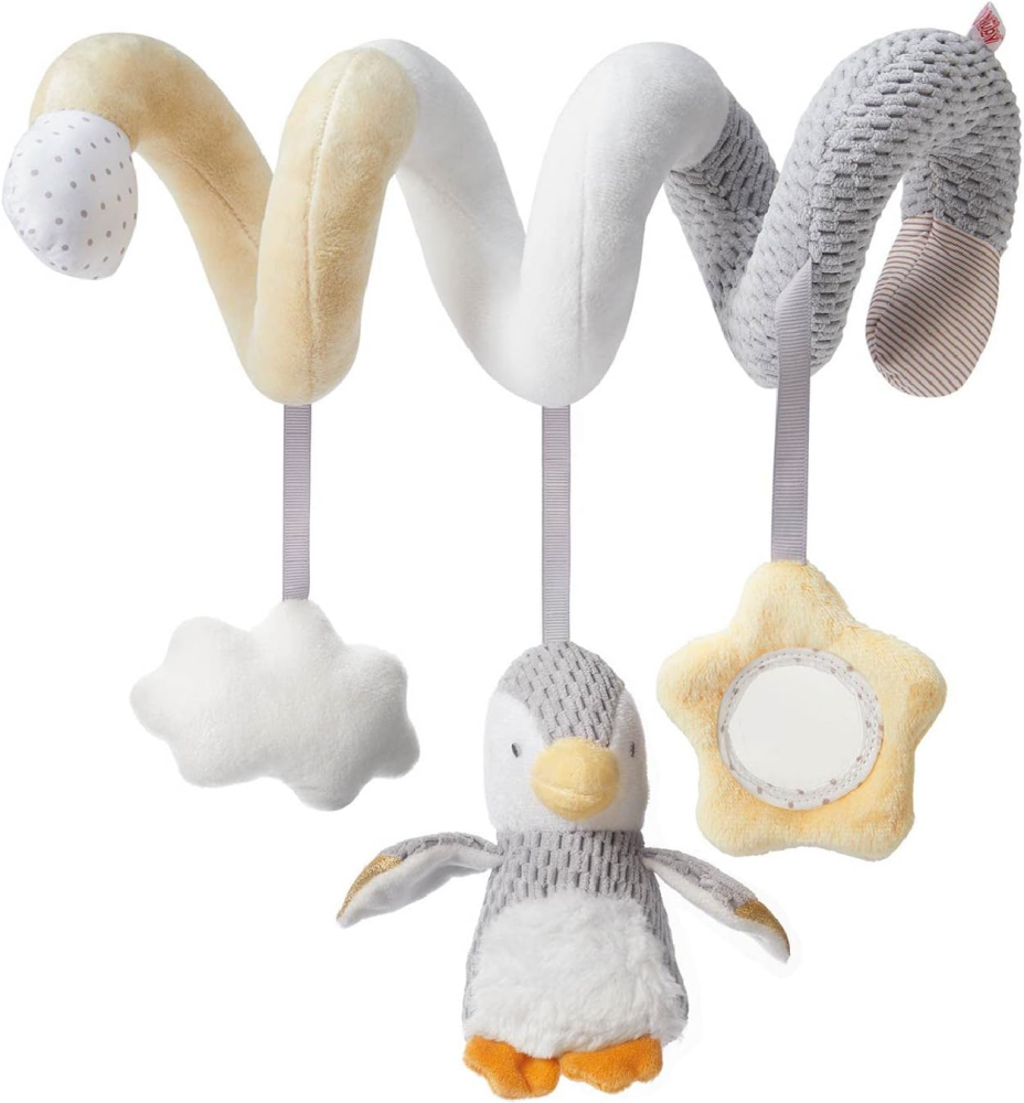 Nuby Soft Spiral Pram Toy – Interactive Wrap-Around Toy with Baby-Safe Mirror | Dangling Plush Toys | Suitable from Birth (Grey)