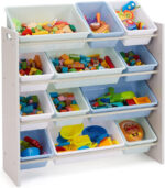 thinkassemble.co.uk Basics Kids’ Toy 4 Shelf Storage Organiser With 12 Plastic Bins, Grey Wood With Blue Bins, 27.7 D x 85.3 W x 79.0 H cm - Image 4