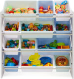 thinkassemble.co.uk Basics Kids’ Toy 4 Shelf Storage Organiser With 12 Plastic Bins, Grey Wood With Blue Bins, 27.7 D x 85.3 W x 79.0 H cm - Image 5