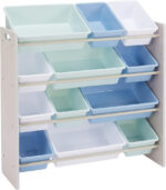 thinkassemble.co.uk Basics Kids’ Toy 4 Shelf Storage Organiser With 12 Plastic Bins, Grey Wood With Blue Bins, 27.7 D x 85.3 W x 79.0 H cm