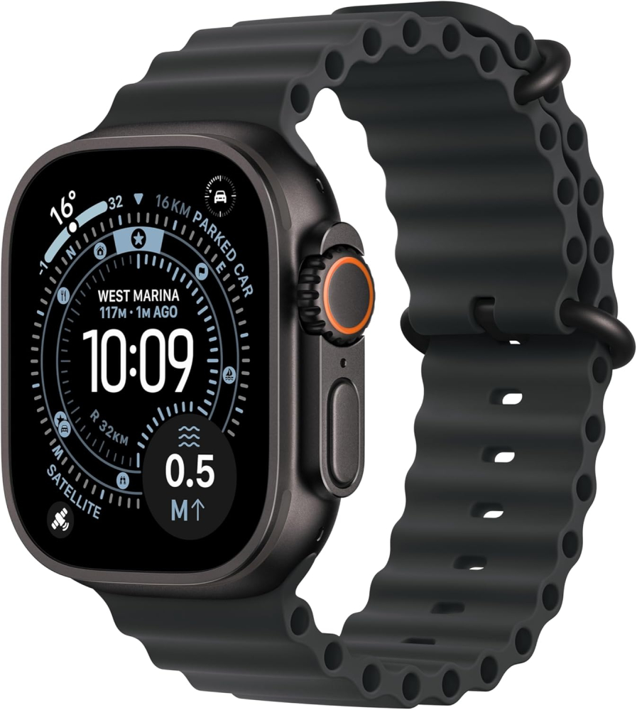 Apple Watch Ultra 3 GPS + Cellular 49mm Premium Running and Multisport Smartwatch with Rugged Black Titanium Case with Black Ocean Band. Advanced Health and Fitness Tracking