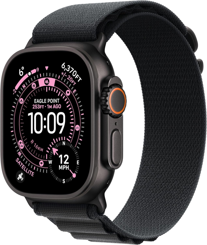 Apple Watch Ultra 3 GPS + Cellular 49mm Premium Running and Multisport Smartwatch with Rugged Black Titanium Case with Black Alpine Loop - Medium. Advanced Health and Fitness Tracking