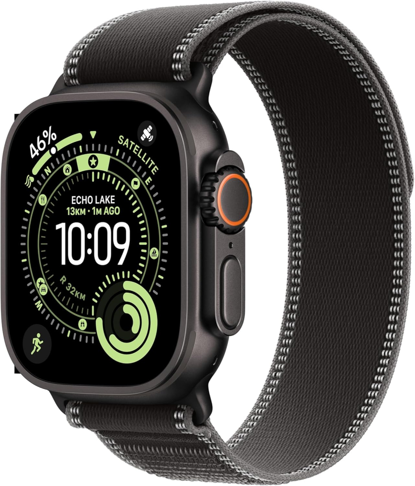 Apple Watch Ultra 3 GPS + Cellular 49mm Premium Running and Multisport Smartwatch with Rugged Black Titanium Case with Black/Charcoal Trail Loop S/M. Advanced Health and Fitness Tracking