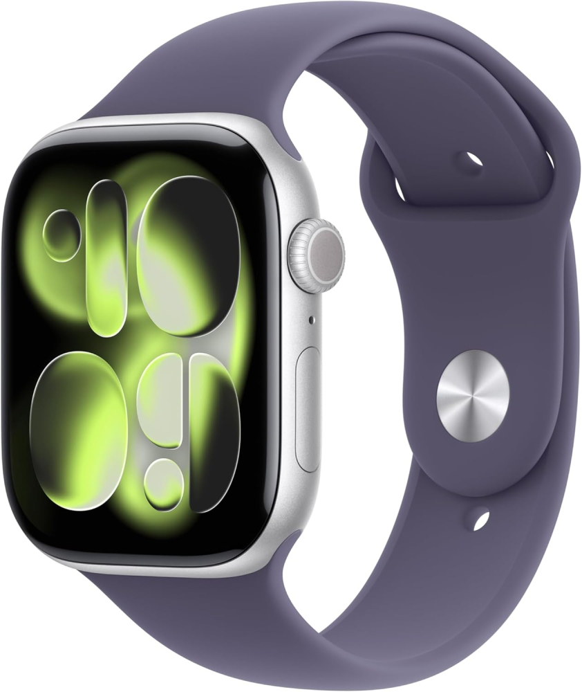 Apple Watch Series 11 GPS 46mm Smartwatch with Silver Aluminium Case with Purple Fog Sport Band S/M. Sleep Score, Fitness Tracker, Health Monitoring, Always-On Display, Water Resistant