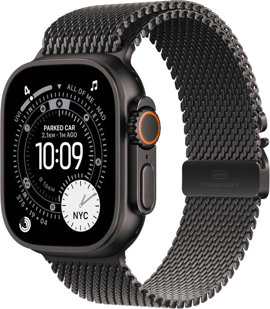Apple Watch Ultra 3 GPS + Cellular 49mm Premium Running and Multisport Smartwatch with Rugged Black Titanium Case with Black Titanium Milanese Loop - Large. Advanced Health and Fitness Tracking