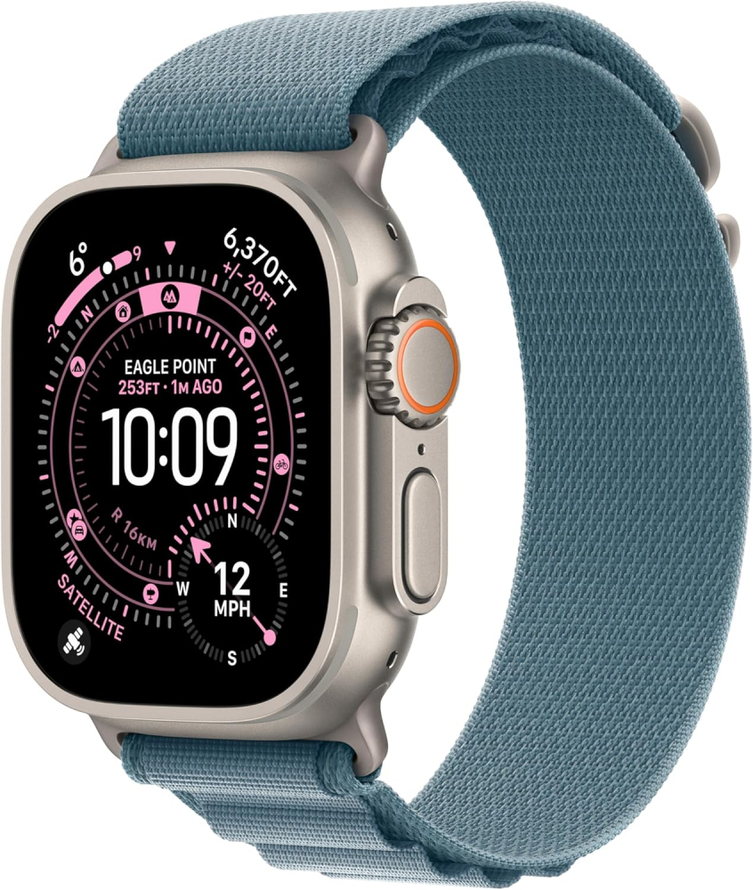 Apple Watch Ultra 3 GPS + Cellular 49mm Premium Running and Multisport Smartwatch with Rugged Natural Titanium Case with Light Blue Alpine Loop - Medium. Advanced Health and Fitness Tracking