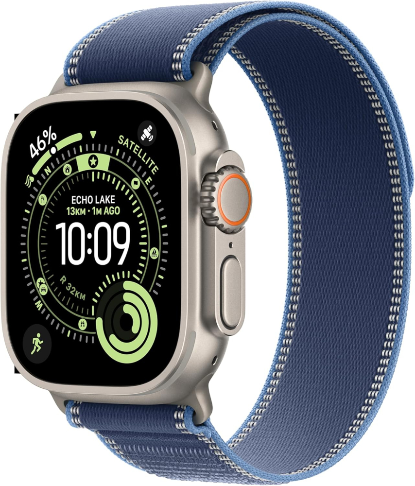 Apple Watch Ultra 3 GPS + Cellular 49mm Premium Running and Multisport Smartwatch with Rugged Natural Titanium Case with Blue/Bright Blue Trail Loop S/M. Advanced Health and Fitness Tracking