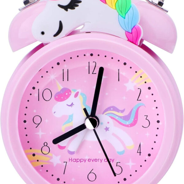 TCJJ Silent Bedside Kids Alarm Clock with Night Light,Non-Ticking Pink Loud Twin Bell Unicorn Clock for Girls Bedroom Desk,Suitable for School/Easter