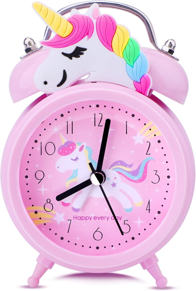 TCJJ Silent Bedside Kids Alarm Clock with Night Light,Non-Ticking Pink Loud Twin Bell Unicorn Clock for Girls Bedroom Desk,Suitable for School/Easter
